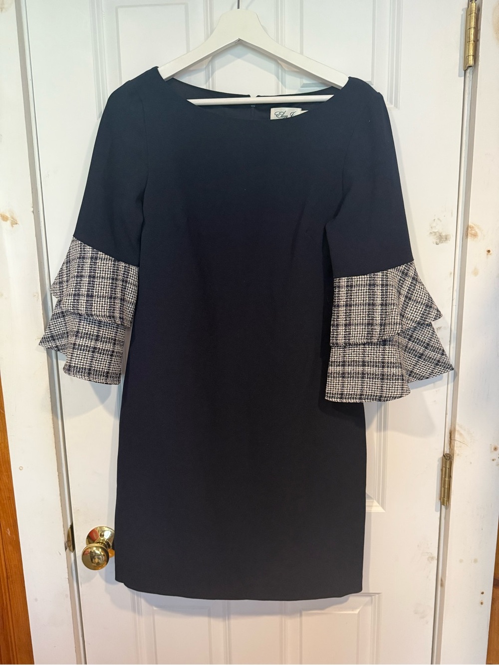 Eliza J Navy Shift Dress with Plaid Tiered Ruffle Sleeves